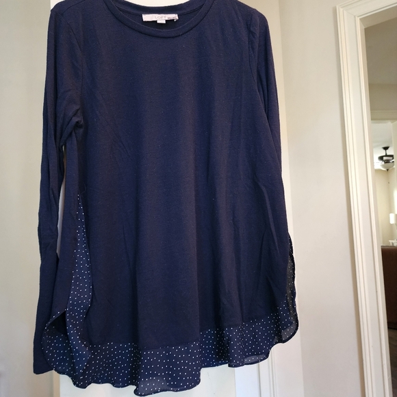 LOFT Medium Blue Long Sleeve Boxy Blouse Polka Dot Trim Detail - Picture 2 of 5
